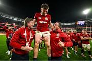 26 July 2025; Hugo Keenan of British & Irish Lions is held aloft by Mack Hansen, left, and Jamie George after the second test match between Australia and the British & Irish Lions at the Melbourne Cricket Ground in Melbourne, Australia. Photo by Brendan Moran/Sportsfile