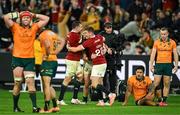 26 July 2025; British & Irish Lions players including Jack Conan and Owen Farrell celebrate their side's fifth try, scored by Hugo Keenan, during the second test match between Australia and the British & Irish Lions at the Melbourne Cricket Ground in Melbourne, Australia. Photo by Brendan Moran/Sportsfile