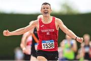 26 July 2025; Billy O'Brien of Skibbereen A.C. celebrates a PB in the 800m during the 123.ie National Outdoor Masters at Tullamore Harriers Athletics Club in Tullamore, Offaly. Photo by David Fitzgerald/Sportsfile