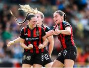 26 July 2025; Alannah McEvoy of Bohemians, left, celebrates with teammates Hannah O'Brien, right, and Sarah Power, back, after scoring her side's first goal during the All-Island Cup semi-final match between Bohemians and Shelbourne at Dalymount Park in Dublin. Photo by Thomas Flinkow/Sportsfile