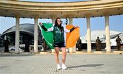 26 July 2025; Erin Friel of Team Ireland poses for a portrait with her girls 400m bronze medal at Mother Teresa Square during day six of the 2025 European Youth Summer Olympic Festival in Skopje, North Macedonia. Photo by Tyler Miller/Sportsfile