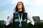 26 July 2025; Erin Friel of Team Ireland poses for a portrait with her girls 400m bronze medal at Mother Teresa Square during day six of the 2025 European Youth Summer Olympic Festival in Skopje, North Macedonia. Photo by Tyler Miller/Sportsfile