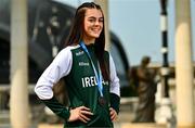 26 July 2025; Erin Friel of Team Ireland poses for a portrait with her girls 400m bronze medal at Mother Teresa Square during day six of the 2025 European Youth Summer Olympic Festival in Skopje, North Macedonia. Photo by Tyler Miller/Sportsfile