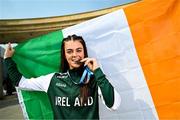 26 July 2025; Erin Friel of Team Ireland poses for a portrait with her girls 400m bronze medal at Mother Teresa Square during day six of the 2025 European Youth Summer Olympic Festival in Skopje, North Macedonia. Photo by Tyler Miller/Sportsfile