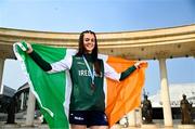 26 July 2025; Erin Friel of Team Ireland poses for a portrait with her girls 400m bronze medal at Mother Teresa Square during day six of the 2025 European Youth Summer Olympic Festival in Skopje, North Macedonia. Photo by Tyler Miller/Sportsfile