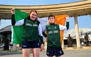 26 July 2025; Team Ireland closing ceremony flagbearers Faye McDonnell, left, and Peadar Sheridan pose for a portrait at Mother Teresa Square during day six of the 2025 European Youth Summer Olympic Festival in Skopje, North Macedonia. Photo by Tyler Miller/Sportsfile