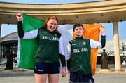 26 July 2025; Team Ireland closing ceremony flagbearers Faye McDonnell, left, and Peadar Sheridan pose for a portrait at Mother Teresa Square during day six of the 2025 European Youth Summer Olympic Festival in Skopje, North Macedonia. Photo by Tyler Miller/Sportsfile