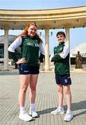 26 July 2025; Team Ireland closing ceremony flagbearers Faye McDonnell, left, and Peadar Sheridan pose for a portrait at Mother Teresa Square during day six of the 2025 European Youth Summer Olympic Festival in Skopje, North Macedonia. Photo by Tyler Miller/Sportsfile
