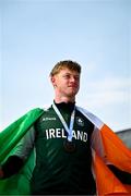 26 July 2025; Joe Burke of Team Ireland poses for a portrait with his boys 200m bronze medal at Mother Teresa Square during day six of the 2025 European Youth Summer Olympic Festival in Skopje, North Macedonia. Photo by Tyler Miller/Sportsfile