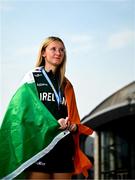 26 July 2025; Ellis McHugh of Team Ireland poses for a portrait with her girls 400m hurdles bronze medal at Mother Teresa Square during day six of the 2025 European Youth Summer Olympic Festival in Skopje, North Macedonia. Photo by Tyler Miller/Sportsfile
