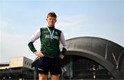26 July 2025; Joe Burke of Team Ireland poses for a portrait with his boys 200m bronze medal at Mother Teresa Square during day six of the 2025 European Youth Summer Olympic Festival in Skopje, North Macedonia. Photo by Tyler Miller/Sportsfile