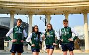 26 July 2025; Team Ireland medalists, from left, boys 100m sprint bronze medalist Ben Sykes, girls 400m bronze medalist Erin Friel, girls 400m hurdles bronze medalist Ellis McHugh and boys 200m medalist Joe Burke pose for a portrait at Mother Teresa Square during day six of the 2025 European Youth Summer Olympic Festival in Skopje, North Macedonia. Photo by Tyler Miller/Sportsfile