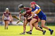 26 July 2025; Galway players Aoife Donohue, behind, and Niamh Mallon in action against Emma Carey of Tipperary during the Glen Dimplex All-Ireland Camogie Senior Championship semi-final match between Galway and Tipperary at UPMC Nowlan Park, Kilkenny. Photo by Ben McShane/Sportsfile