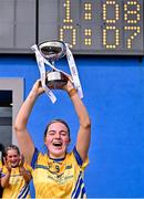 26 July 2025; Clare captain Aisling Crowe lifts the cup after her side's victory in the ZuCar All-Ireland U18 B Ladies Football Championship final match between Clare and Sligo at Connacht GAA Centre of Excellence in Bekan, Mayo. Photo by Piaras Ó Mídheach/Sportsfile