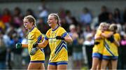 26 July 2025; Clare players Hazel Keating and Sophie Culleton, left, celebrate after their side's victory in the ZuCar All-Ireland U18 B Ladies Football Championship final match between Clare and Sligo at Connacht GAA Centre of Excellence in Bekan, Mayo. Photo by Piaras Ó Mídheach/Sportsfile