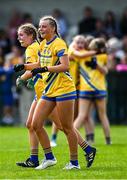 26 July 2025; Clare players Hazel Keating and Sophie Culleton, left, celebrate after their side's victory in the ZuCar All-Ireland U18 B Ladies Football Championship final match between Clare and Sligo at Connacht GAA Centre of Excellence in Bekan, Mayo. Photo by Piaras Ó Mídheach/Sportsfile