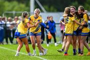 26 July 2025; Clare players Ria Meaney, 11, and Abi Kelly celebrate after their side's victory in the ZuCar All-Ireland U18 B Ladies Football Championship final match between Clare and Sligo at Connacht GAA Centre of Excellence in Bekan, Mayo. Photo by Piaras Ó Mídheach/Sportsfile