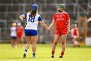 26 July 2025; Cliona Healy of Cork and Molly Comerford of Waterford after the Glen Dimplex All-Ireland Camogie Senior Championship semi-final match between Cork and Waterford at UPMC Nowlan Park, Kilkenny. Photo by Ben McShane/Sportsfile