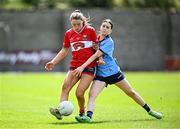 26 July 2025; Ava McAuliffe of Cork in action against Gemma Connolly of Dublin during the ZuCar All-Ireland U18 A Ladies Football Championship final match between Cork and Dublin at Grant Heating St Brendan’s Park in Birr, Offaly. Photo by Seb Daly/Sportsfile