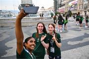 26 July 2025; Team Ireland athletes Hannah Shochan, front, Anna Joyce, back left, and Julia Dziedzic before the closing ceremony during day six of the 2025 European Youth Summer Olympic Festival in Skopje, North Macedonia. Photo by Tyler Miller/Sportsfile