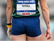 27 July 2025;  A detailed view of the Olympic rings tattoo belonging to Nicola Tuthill, from Kilbrittain in Cork, representing University College Dublin and Ireland, during the women's hammer throw final during day eleven of the FISU World University Games 2025 at Lohrheidestadion in Bochum, Germany. Photo by Shauna Clinton/Sportsfile