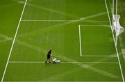 27 July 2025; Lead groundsman Darren Jepson painting the lines  before the GAA Football All-Ireland Senior Championship final match between Kerry and Donegal at Croke Park in Dublin. Photo by Ray McManus/Sportsfile