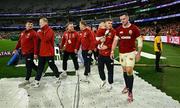 26 July 2025; British & Irish Lions players, from left, Thomas Clarkson, Jamie Osborne, Finlay Bealham, Duhan van der Merwe, Garry Ringrose and James Ryan after the second test match between Australia and the British & Irish Lions at the Melbourne Cricket Ground in Melbourne, Australia. Photo by Brendan Moran/Sportsfile
