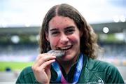 27 July 2025; Nicola Tuthill, from Kilbrittain in Cork, representing University College Dublin and Ireland, celebrates with her silver medal after finishing second in the women's hammer throw final during day eleven of the FISU World University Games 2025 at Lohrheidestadion in Bochum, Germany. Photo by Shauna Clinton/Sportsfile