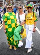27 July 2025; Donegal supporters and sisters, from left, Bernie, Dorothy and Mary Doherty, from Buncrana, Donegal, before the GAA Football All-Ireland Senior Championship final match between Kerry and Donegal at Croke Park in Dublin. Photo by Stephen McCarthy/Sportsfile