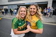 27 July 2025; Kerry supporter Éadaoin McGinley, from Tralee, Kerry, left, and Donegal supporter Shannon Friel from Castlefin, Donegal, before the GAA Football All-Ireland Senior Championship final match between Kerry and Donegal at Croke Park in Dublin. Photo by David Fitzgerald/Sportsfile