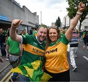 27 July 2025; Kerry supporter Joe O'Sullivan, from Cahircoveen, Kerry, and Donegal supporter Chloe Anderson, from Ballintra, Donegal, before the GAA Football All-Ireland Senior Championship final match between Kerry and Donegal at Croke Park in Dublin. Photo by David Fitzgerald/Sportsfile
