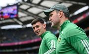 27 July 2025; Michael Murphy, right, and Michael Langan of Donegal walk the pitch before the GAA Football All-Ireland Senior Championship final match between Kerry and Donegal at Croke Park in Dublin. Photo by Seb Daly/Sportsfile