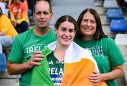 27 July 2025; Nicola Tuthill, from Kilbrittain in Cork, representing University College Dublin and Ireland, celebrates with her parents Norman and Collette after finishing second in the women's hammer throw final on day eleven of the FISU World University Games 2025 at Lohrheidestadion in Bochum, Germany. Photo by Shauna Clinton/Sportsfile