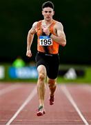 27 July 2025; Padraic Hassett of Nenagh Olympic AC, Tipperary, centre, on his way to finishing second in the premier men's 200m during the 123.ie National League Final at Tullamore Harriers Athletics Club in Tullamore, Offaly. Photo by Sam Barnes/Sportsfile