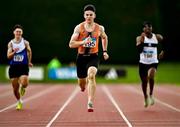 27 July 2025; Padraic Hassett of Nenagh Olympic AC, Tipperary, centre, on his way to finishing second in the premier men's 200m during the 123.ie National League Final at Tullamore Harriers Athletics Club in Tullamore, Offaly. Photo by Sam Barnes/Sportsfile