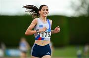 27 July 2025; Eimear Maher of Dundrum South Dublin AC, Dublin, reacts after winning the women's premier division 800m during the 123.ie National League Final at Tullamore Harriers Athletics Club in Tullamore, Offaly. Photo by Sam Barnes/Sportsfile