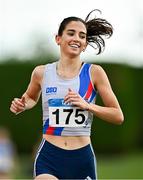 27 July 2025; Eimear Maher of Dundrum South Dublin AC, Dublin, reacts after winning the women's premier division 800m during the 123.ie National League Final at Tullamore Harriers Athletics Club in Tullamore, Offaly. Photo by Sam Barnes/Sportsfile