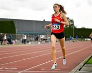 27 July 2025; Eimear Cooney of Louth crosses the line to win the county women's 800m during the 123.ie National League Final at Tullamore Harriers Athletics Club in Tullamore, Offaly. Photo by Sam Barnes/Sportsfile