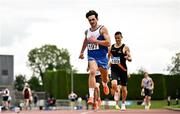 27 July 2025; Jack O'Donnell of Ratoath AC, Meath, crosses the line to win the premier men's 800m during the 123.ie National League Final at Tullamore Harriers Athletics Club in Tullamore, Offaly. Photo by Sam Barnes/Sportsfile