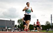 27 July 2025; Conrad Latham of Raheny Shamrock AC, Dublin, reacts after winning the division one men's 800m during the 123.ie National League Final at Tullamore Harriers Athletics Club in Tullamore, Offaly. Photo by Sam Barnes/Sportsfile