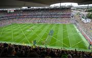 27 July 2025; The Donegal and Kerry team during the parade before the GAA Football All-Ireland Senior Championship final match between Kerry and Donegal at Croke Park in Dublin. Photo by Piaras Ó Mídheach/Sportsfile
