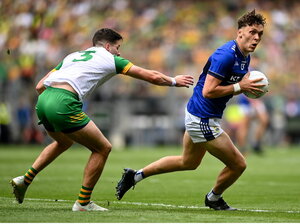 27 July 2025; David Clifford of Kerry in action against Brendan McCole of Donegal during the GAA Football All-Ireland Senior Championship final match between Kerry and Donegal at Croke Park in Dublin. Photo by David Fitzgerald/Sportsfile