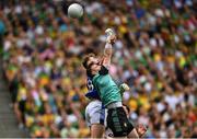27 July 2025; Seán O'Brien of Kerry in action against Donegal goalkeeper Shaun Patton during the GAA Football All-Ireland Senior Championship final match between Kerry and Donegal at Croke Park in Dublin. Photo by David Fitzgerald/Sportsfile