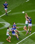 27 July 2025; Mark O'Shea of Kerry and Michael Langan of Donegal contest a kickout during the GAA Football All-Ireland Senior Championship final match between Kerry and Donegal at Croke Park in Dublin. Photo by Piaras Ó Mídheach/Sportsfile