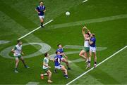 27 July 2025; Mark O'Shea of Kerry and Michael Langan of Donegal contest a kickout during the GAA Football All-Ireland Senior Championship final match between Kerry and Donegal at Croke Park in Dublin. Photo by Piaras Ó Mídheach/Sportsfile