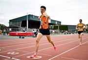 27 July 2025; Luke Purcell of Nenagh Olympic AC, Tipperary, celebrates finishing third in the premier men's 5000m during the 123.ie National League Final at Tullamore Harriers Athletics Club in Tullamore, Offaly. Photo by Sam Barnes/Sportsfile