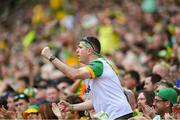 27 July 2025; A Donegal supporter celebrates a score during the GAA Football All-Ireland Senior Championship final match between Kerry and Donegal at Croke Park in Dublin. Photo by Stephen McCarthy/Sportsfile