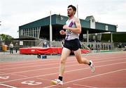 27 July 2025; Paul O'Donnell of Dundrum South Dublin AC, Dublin, crosses the line to win the premier men's 5000m during the 123.ie National League Final at Tullamore Harriers Athletics Club in Tullamore, Offaly. Photo by Sam Barnes/Sportsfile