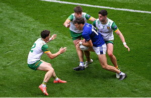 27 July 2025; David Clifford of Kerry in action against Donegal players, from left, Finnbarr Roarty, Dáire Ó Baoill and Brendan McCole during the GAA Football All-Ireland Senior Championship final match between Kerry and Donegal at Croke Park in Dublin. Photo by Daire Brennan/Sportsfile
