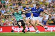 27 July 2025; David Clifford of Kerry has a shot on goal despite the efforts of Donegal goalkeeper Shaun Patton during the GAA Football All-Ireland Senior Championship final match between Kerry and Donegal at Croke Park in Dublin. Photo by Stephen McCarthy/Sportsfile